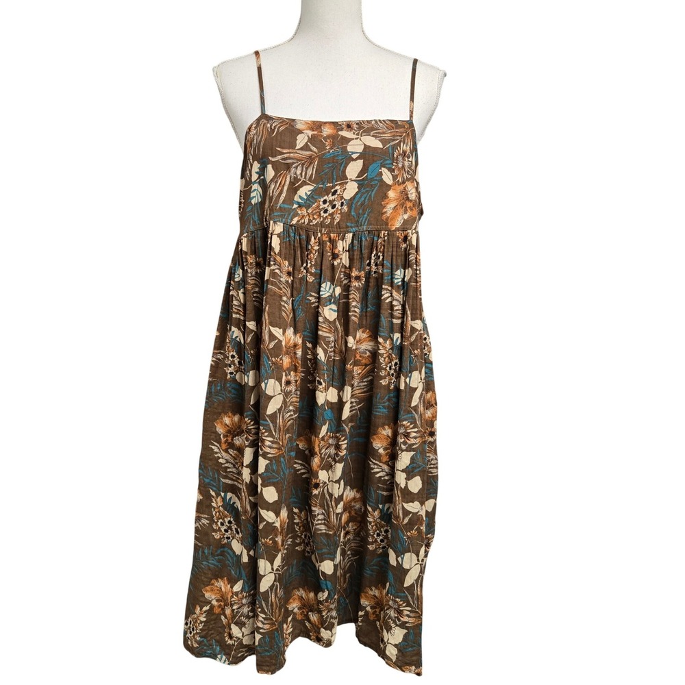 Natural Life Brown Floral Midi Dress Boho Empire Waist Spaghetti Strap Size L
